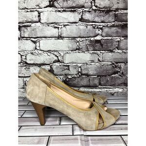 Edas Beige Suede Leather Patent Lining Peep Toe Dress Heels Women’s Sz 41EU/10US